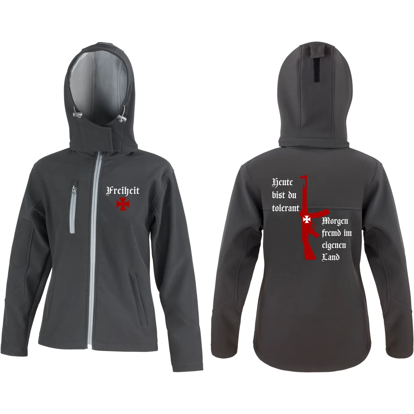 Bestickte Damen Softshell Kapuzenjacke - Heute tolerant morgen fremd im eigenen Land