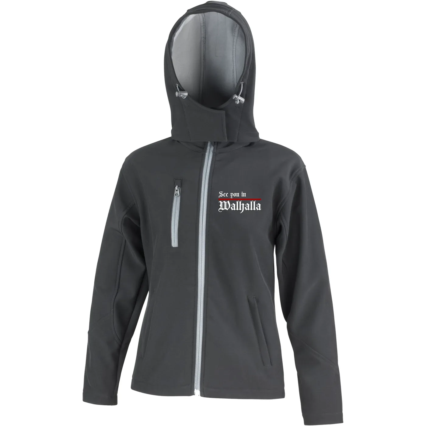 Bestickte Damen Softshell Kapuzenjacke - See you in Walhalla, Strich