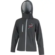 Bestickte Damen Softshell Kapuzenjacke - Stoppt Tierversuche, nehmt Kinderschänder Vorderseite