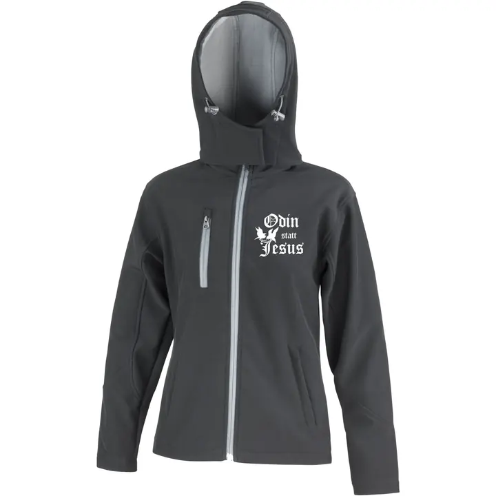 Bestickte Damen Softshell Kapuzenjacke - Odin statt Jesus