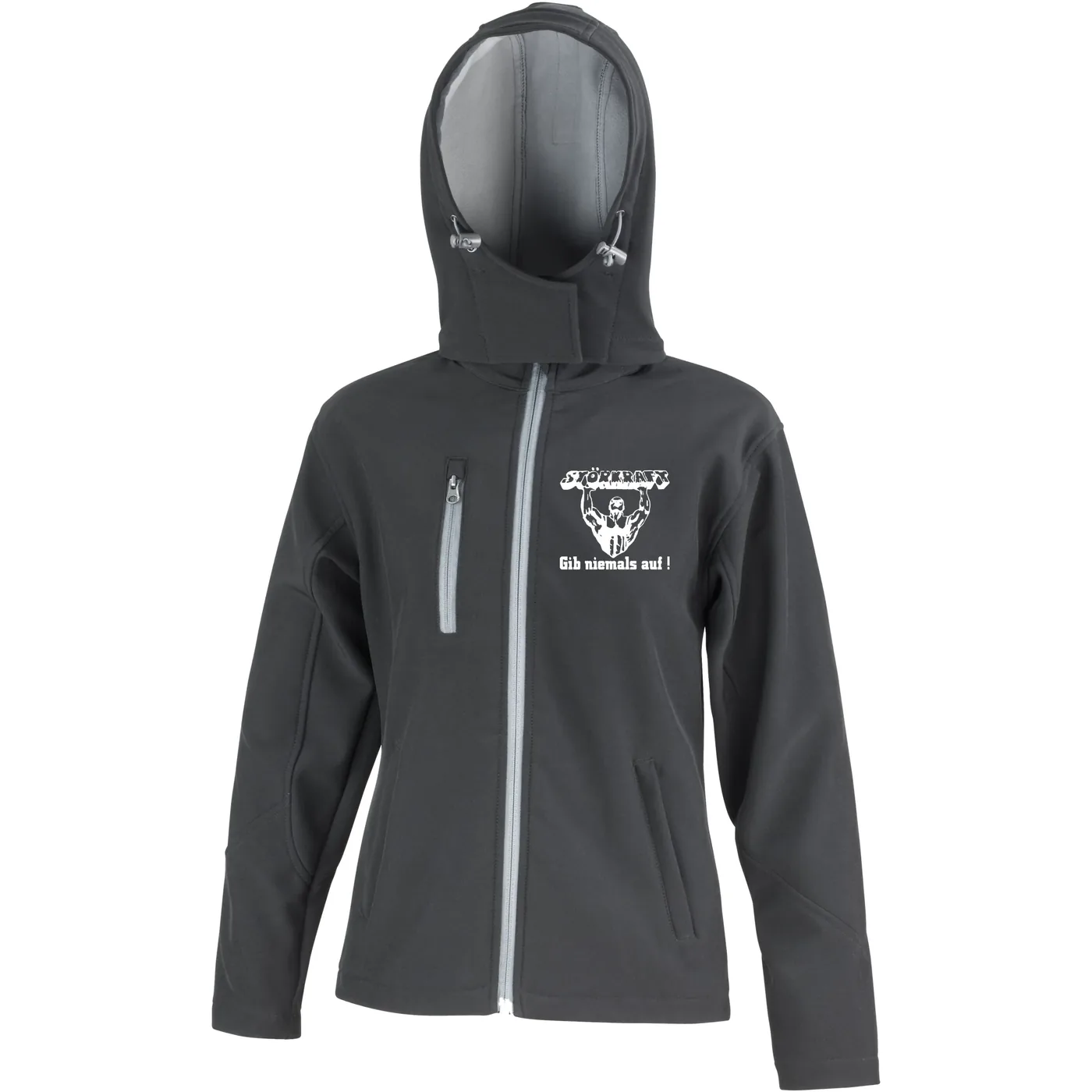 Bestickte Damen Softshell Kapuzenjacke - Störkraft gib niemals auf