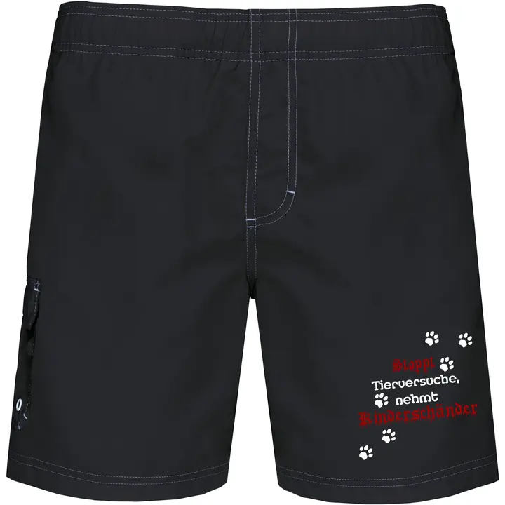 Bestickte Herren Badehose - Stoppt Tierversuche, nehmt Kinderschänder