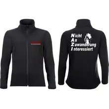 Bestickte Damen Softshelljacke "2-lagig" - Nicht an Zuwanderung interessiert, Fahne Vorder- und Rückseite
