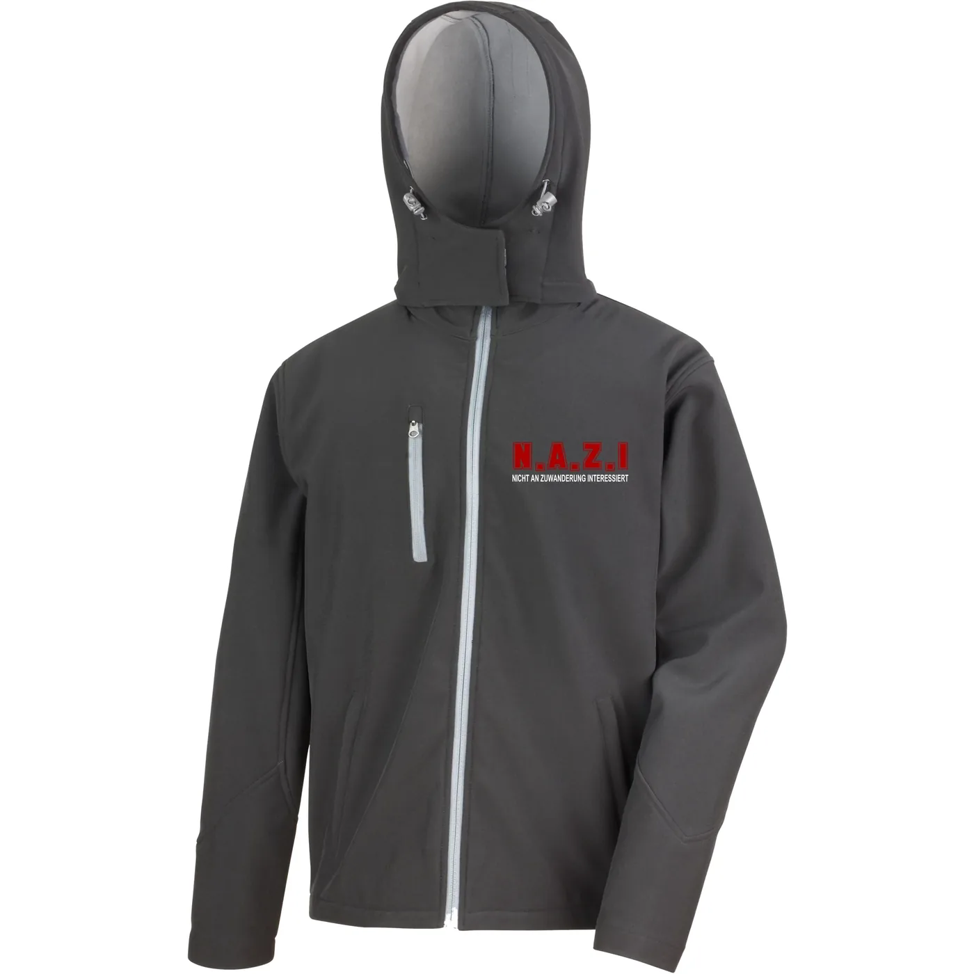 Bestickte Herren Softshell Kapuzenjacke - Nicht an Zuwanderung interessiert, Fahne