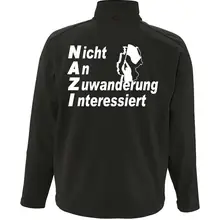 Bestickte Damen Softshelljacke "3-lagig" - Nicht an Zuwanderung interessiert, Fahne Rückseite