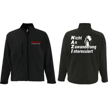Bestickte Damen Softshelljacke "3-lagig" - Nicht an Zuwanderung interessiert, Fahne Vorder- und Rückseite