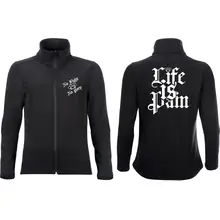 Bestickte Damen Softshelljacke "2-lagig" - Life is Pain Vorder- und Rückseite