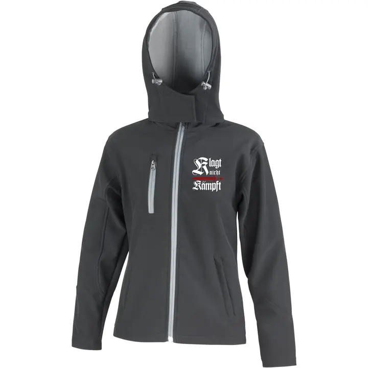 Bestickte Damen Softshell Kapuzenjacke - Klagt nicht kämpft, Schwert