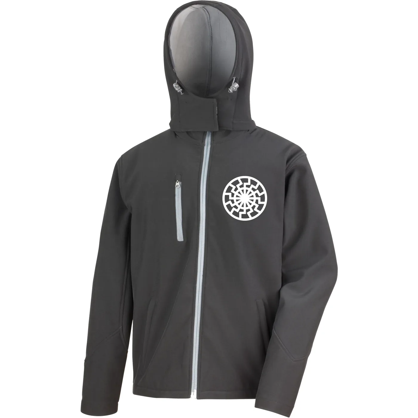Bestickte Herren Softshell Kapuzenjacke - Schwarze Sonne