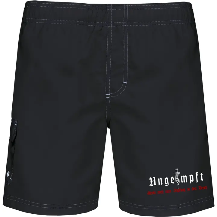 Bestickte Herren Badehose - Ungeimpft, Steckt euch eure Impfung in den Arsch