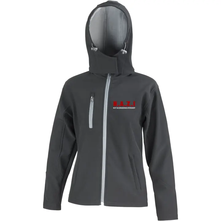Bestickte Damen Softshell Kapuzenjacke - Nicht an Zuwanderung interessiert, Fahne