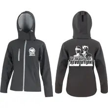 Bestickte Damen Softshell Kapuzenjacke - Komm zur Revolution Vorder- und Rückseite