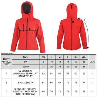Bestickte Damen Softshell Kapuzenjacke - Adler, Deutschland Größentabelle