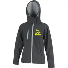 Bestickte Damen Softshell Kapuzenjacke - Raus mit die Viecher Vorderseite
