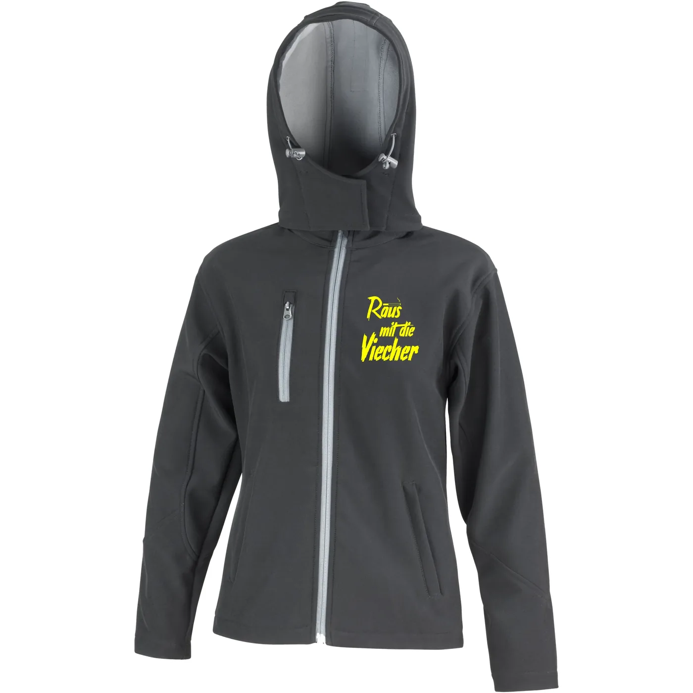 Bestickte Damen Softshell Kapuzenjacke - Raus mit die Viecher