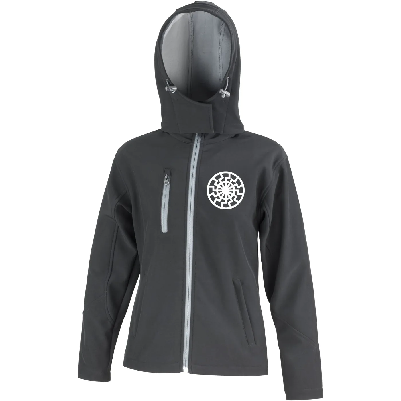 Bestickte Damen Softshell Kapuzenjacke - Schwarze Sonne