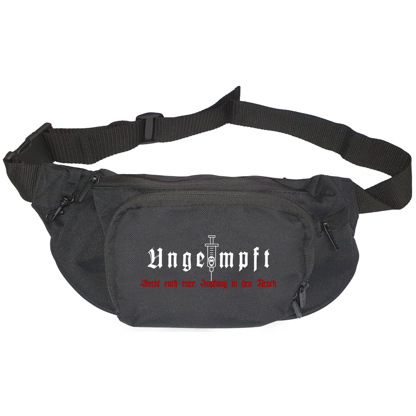 Bestickte Gürteltasche "V1" - Ungeimpft, Steckt euch eure Impfung in den Arsch