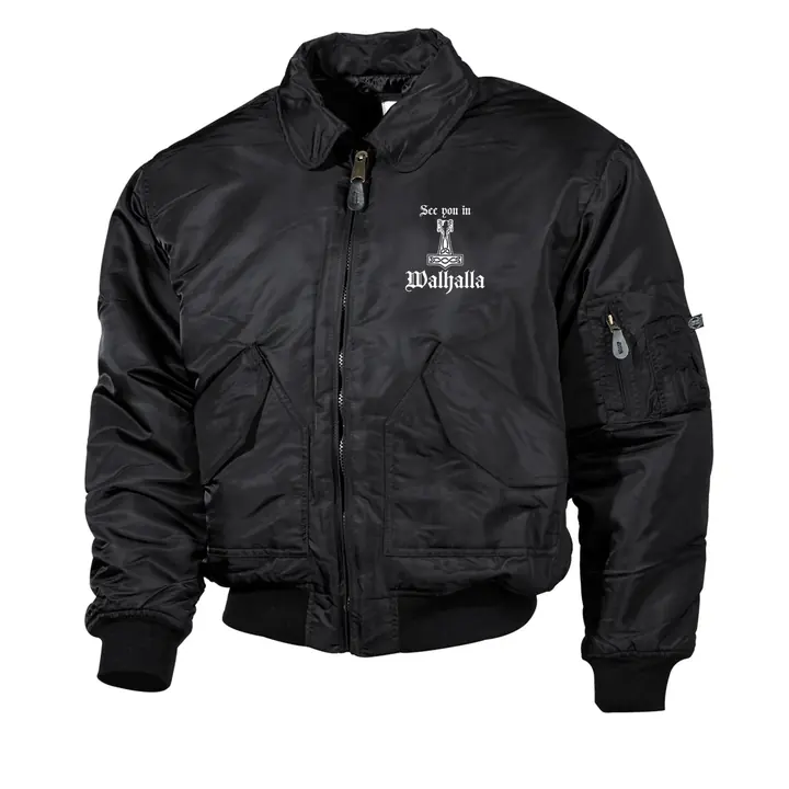 Bestickte Herren CWU Jacke, Schwarz - See you in Walhalla Thorhammer