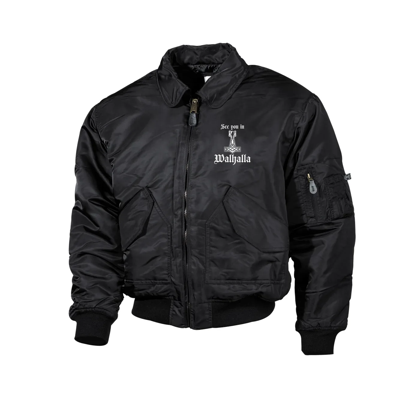 Bestickte Herren CWU Jacke, Schwarz - See you in Walhalla Thorhammer