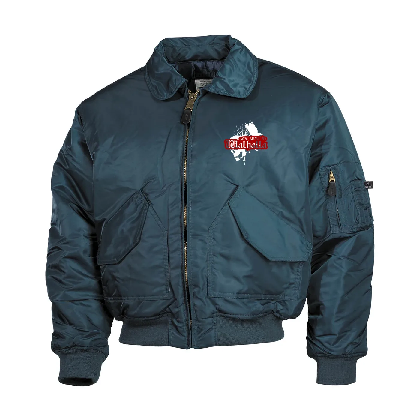 Bestickte Herren CWU Jacke, Navyblau - See you in Walhalla, Totenkopf