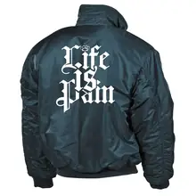 Bestickte Herren CWU Jacke, Navyblau - Life is Pain Rückseite