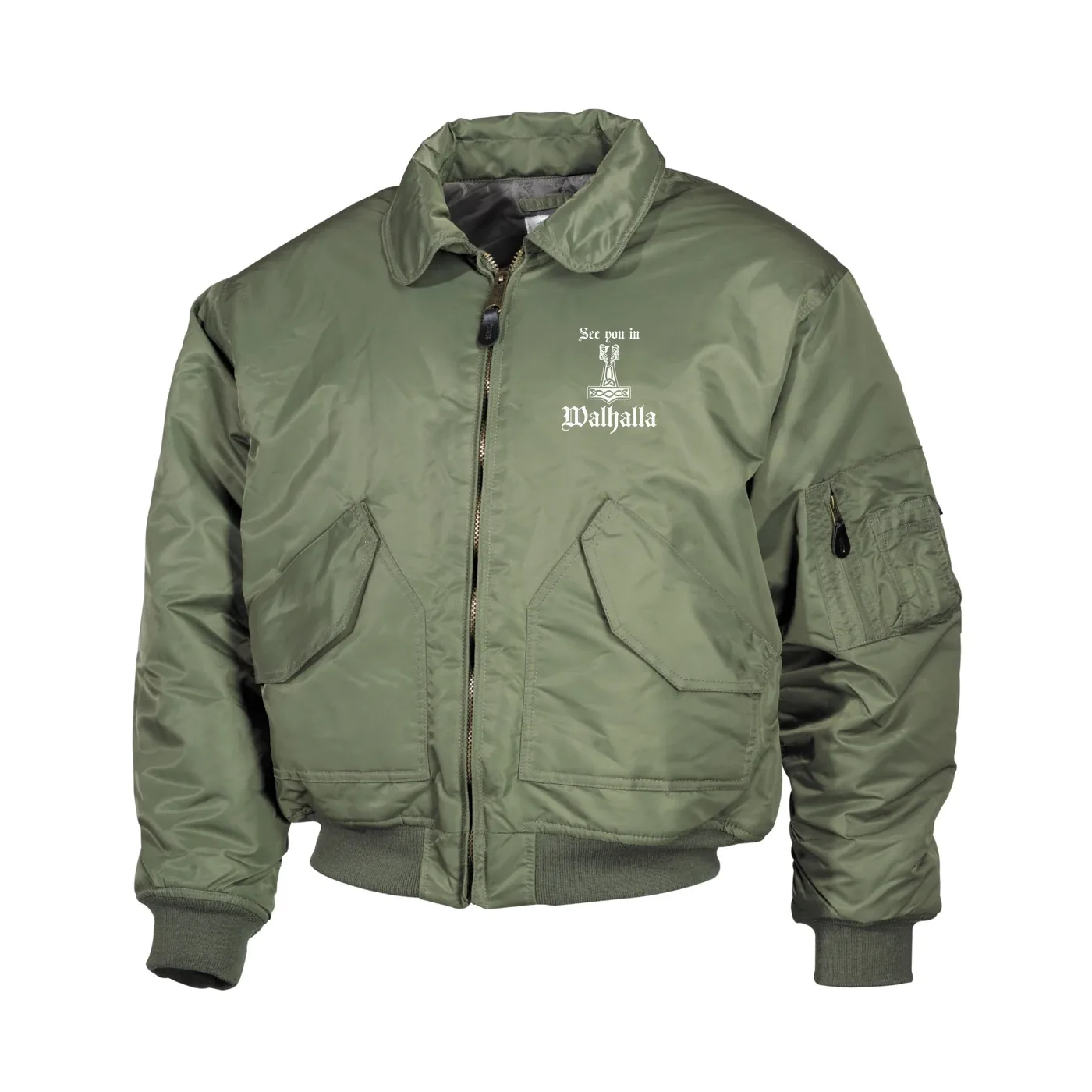 Bestickte Herren CWU Jacke, Oliv - See you in Walhalla Thorhammer