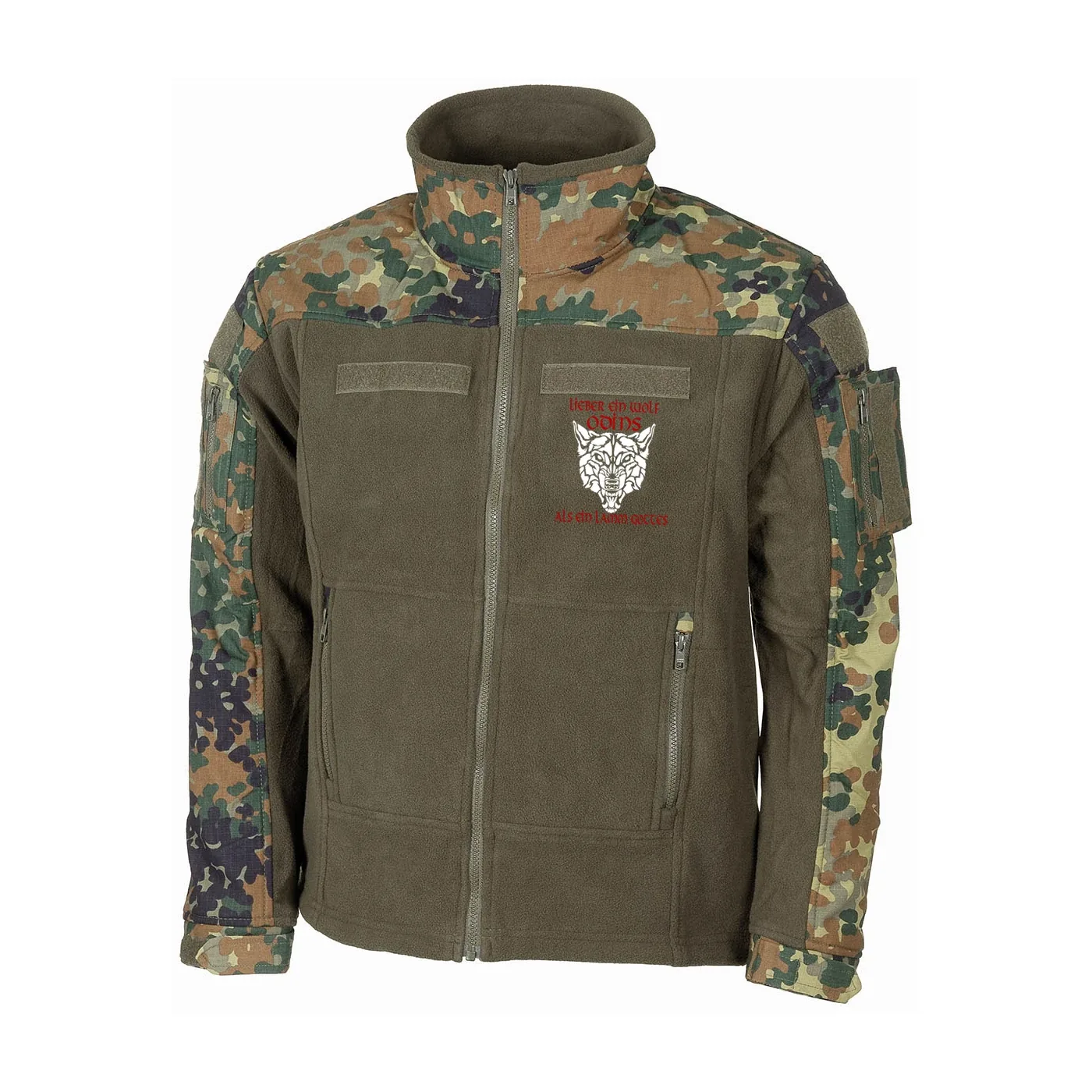 Bestickte Fleecejacke "Combat", flecktarn - Lieber ein Wolf Odins als ein Lamm Gottes