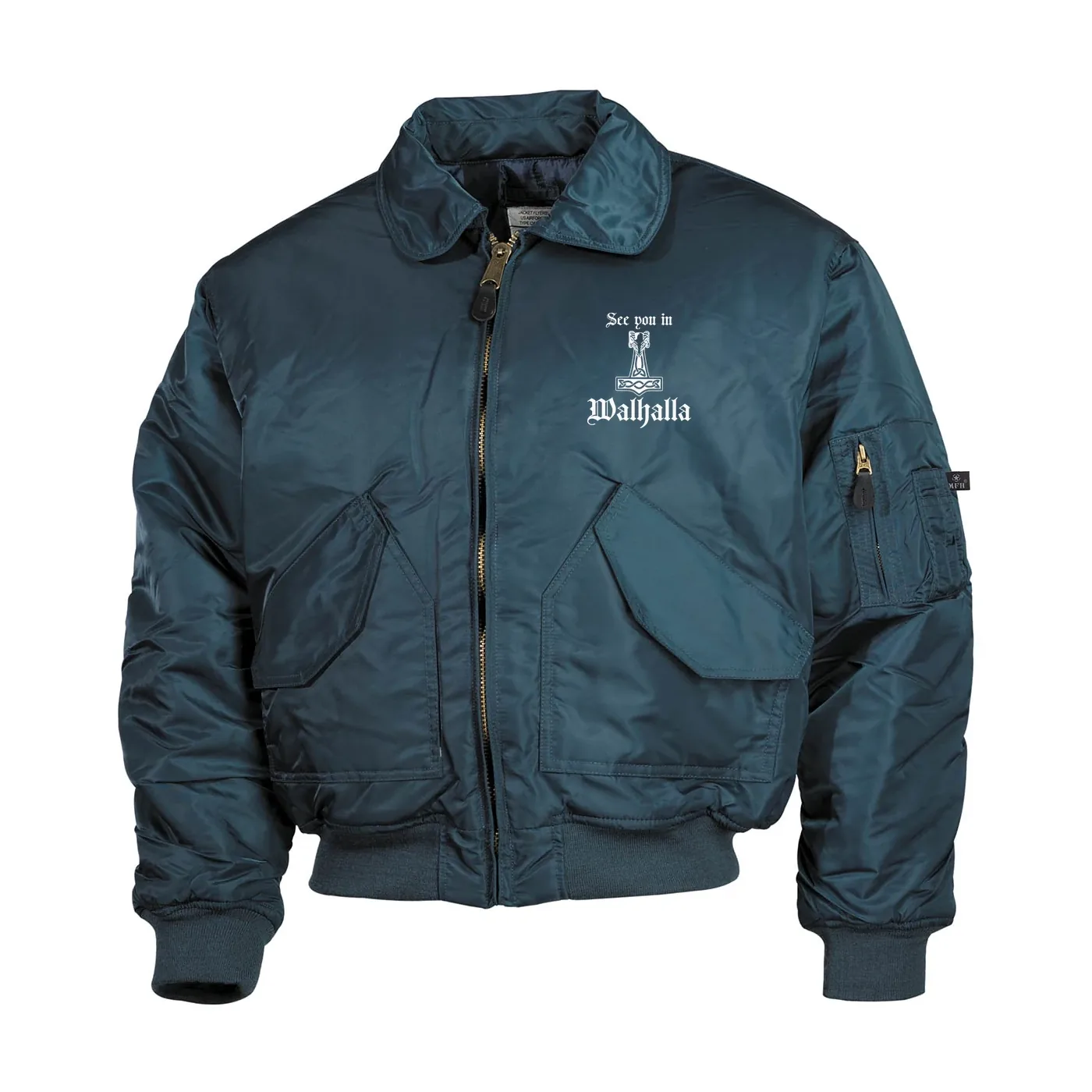 Bestickte Herren CWU Jacke, Navyblau - See you in Walhalla Thorhammer