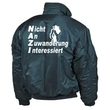 Bestickte Herren CWU Jacke, Navyblau - Nicht an Zuwanderung interessiert, Fahne Rückseite