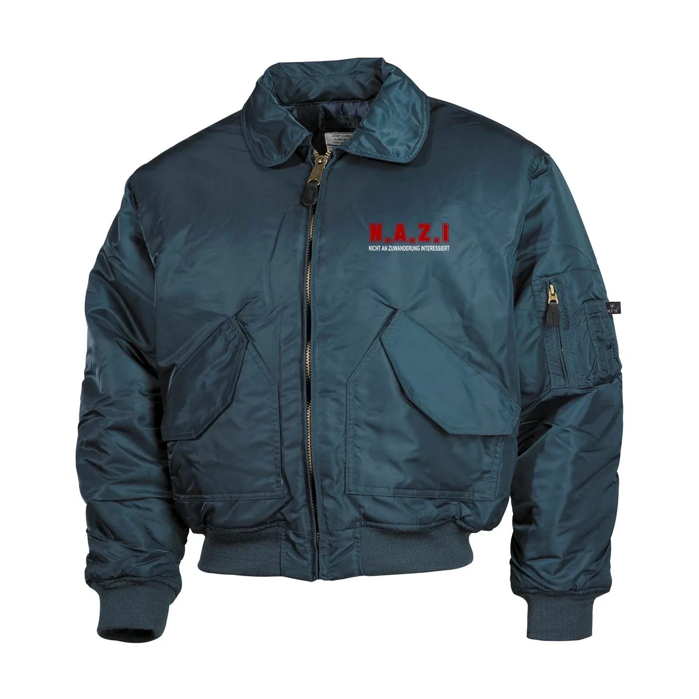 Bestickte Herren CWU Jacke, Navyblau - Nicht an Zuwanderung interessiert, Fahne