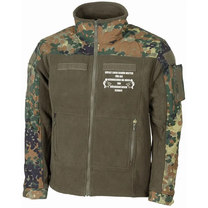 Bestickte Fleecejacke "Combat", flecktarn - Bückt euch schön weiter