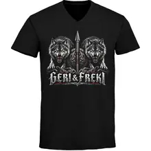 Herren V-Ausschnitt T-Shirt - Geri & Freki, Schild Vorderseite