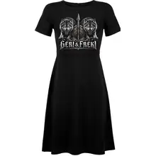 Damen kurzarm Kleid - Geri & Freki, Schild Vorderseite