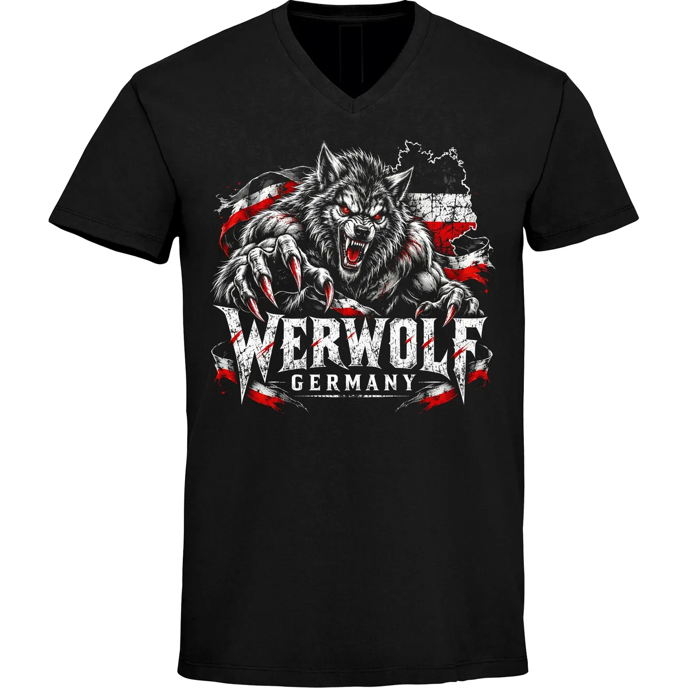 Herren V-Ausschnitt T-Shirt - Werwolf Germany, Schwarz Weiß Rot