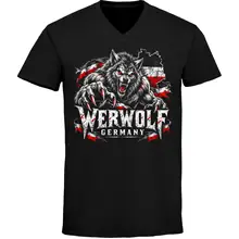 Herren V-Ausschnitt T-Shirt - Werwolf Germany, Schwarz Weiß Rot - gewählte Variante