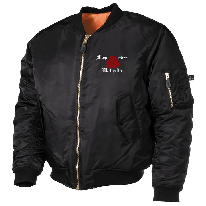 Bestickte MA1 Bomberjacke, Schwarz - Sieg oder Walhalla