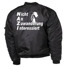 Bestickte MA1 Bomberjacke, Schwarz - Nicht an Zuwanderung interessiert, Fahne Rückseite