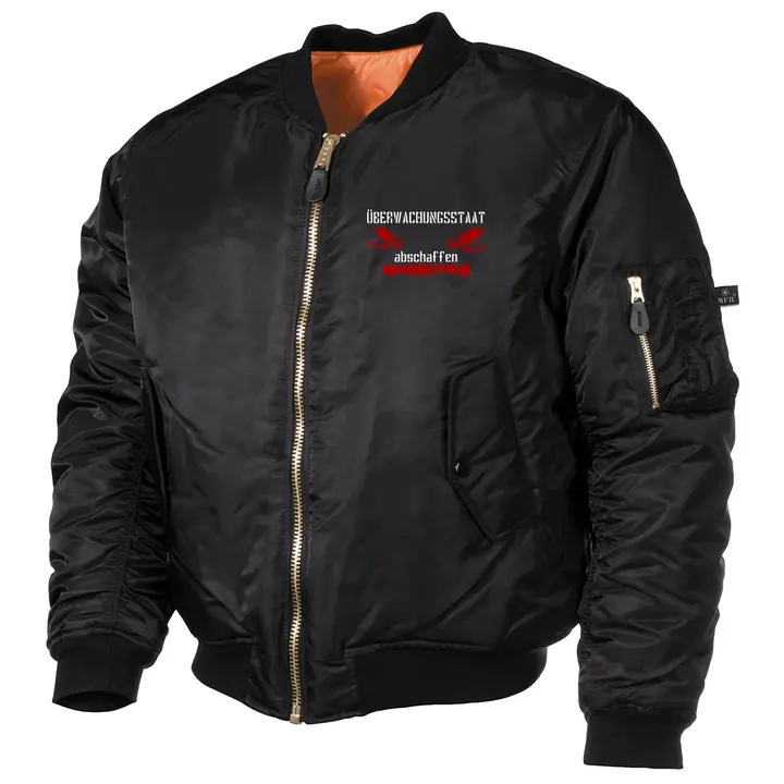 Bestickte MA1 Bomberjacke, Schwarz - Überwachungsstaat abschaffen