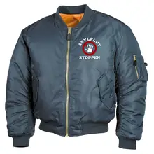 Bestickte MA1 Bomberjacke, Alphablau - Asylflut stoppen Vorderseite