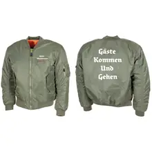 Bestickte MA1 Bomberjacke, Oliv - Gute Heimreise Vorder- und Rückseite