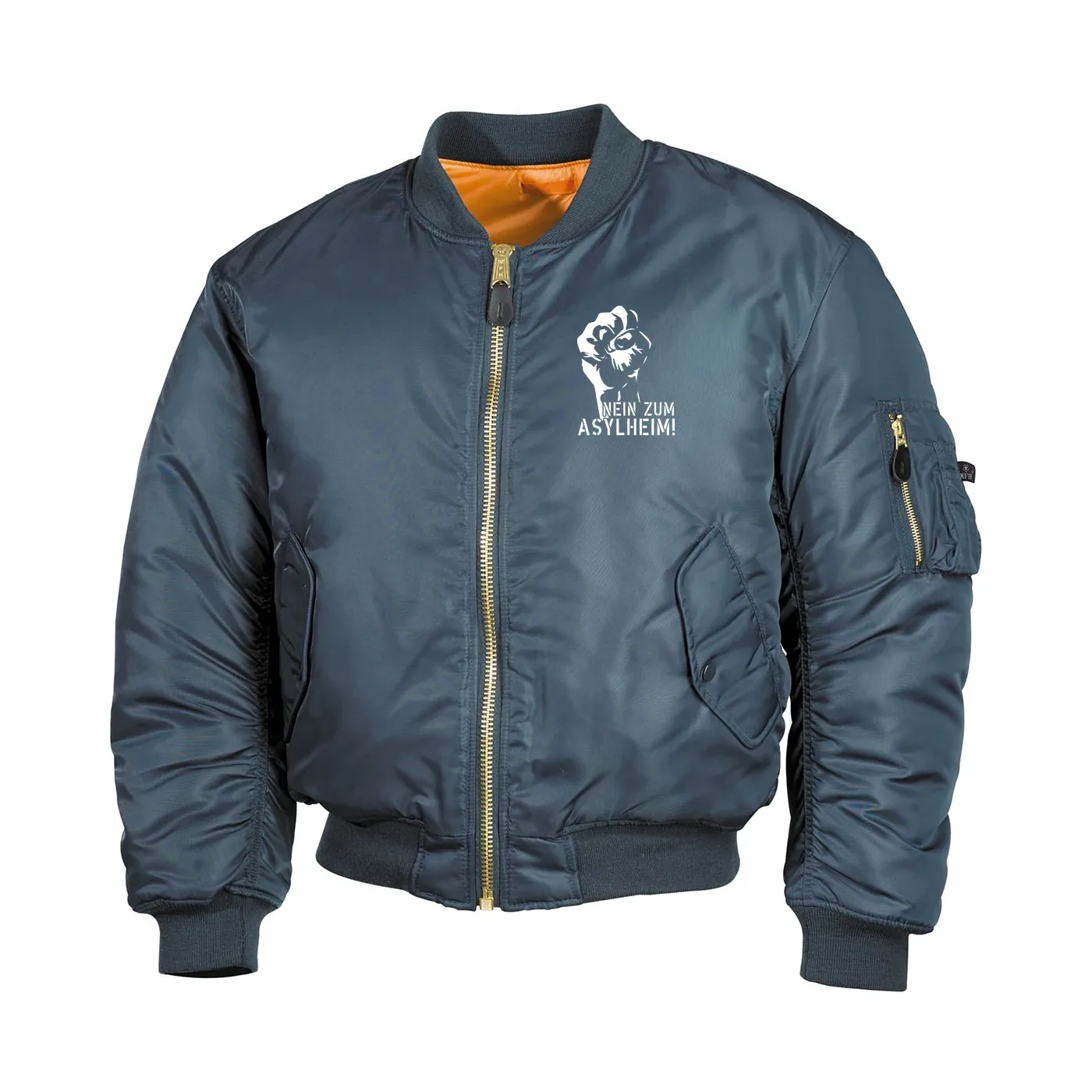 Bestickte MA1 Bomberjacke, Alphablau - Nein zum Asylheim