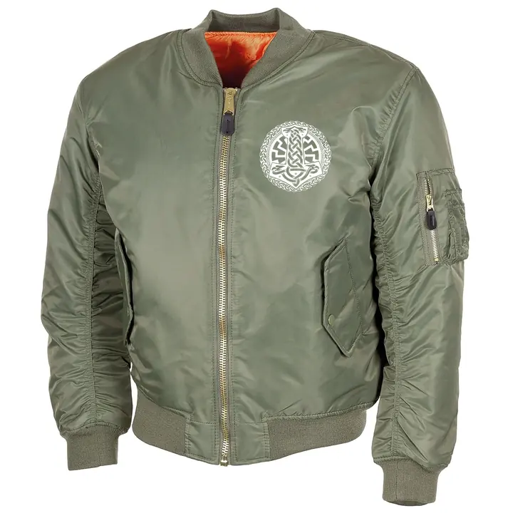 Bestickte MA1 Bomberjacke, Oliv - Schwarze Sonne, Thorhammer