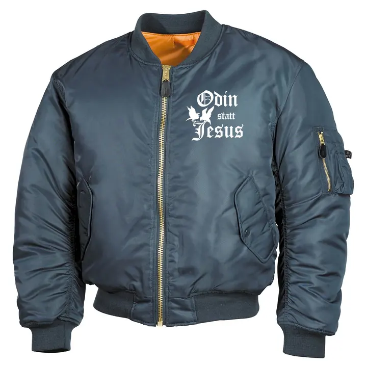 Bestickte MA1 Bomberjacke, Alphablau - Odin statt Jesus