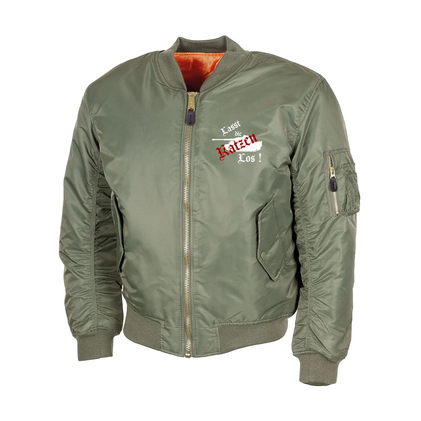 Bestickte MA1 Bomberjacke, Oliv - Lasst die Katzen los