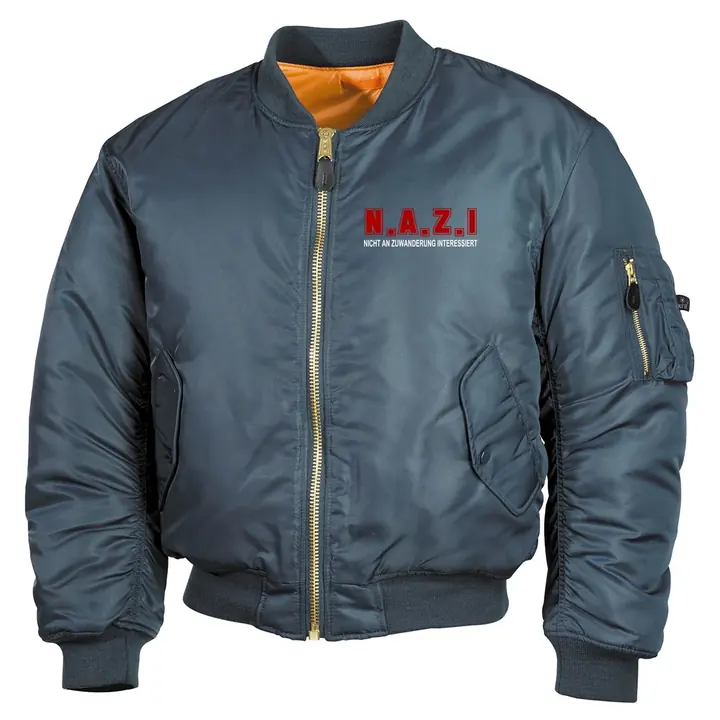 Bestickte MA1 Bomberjacke, Alphablau - Nicht an Zuwanderung interessiert, Fahne