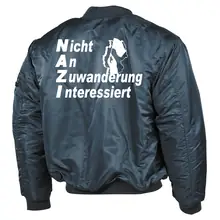 Bestickte MA1 Bomberjacke, Alphablau - Nicht an Zuwanderung interessiert, Fahne Rückseite
