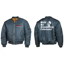 Bestickte MA1 Bomberjacke, Alphablau - Nicht an Zuwanderung interessiert, Fahne Vorder- und Rückseite