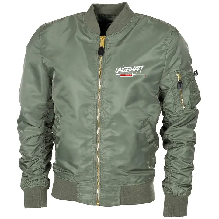 Bestickte MA1 Bomberjacke "Leichtversion" Schwarz - Ungeimpft, Spritze