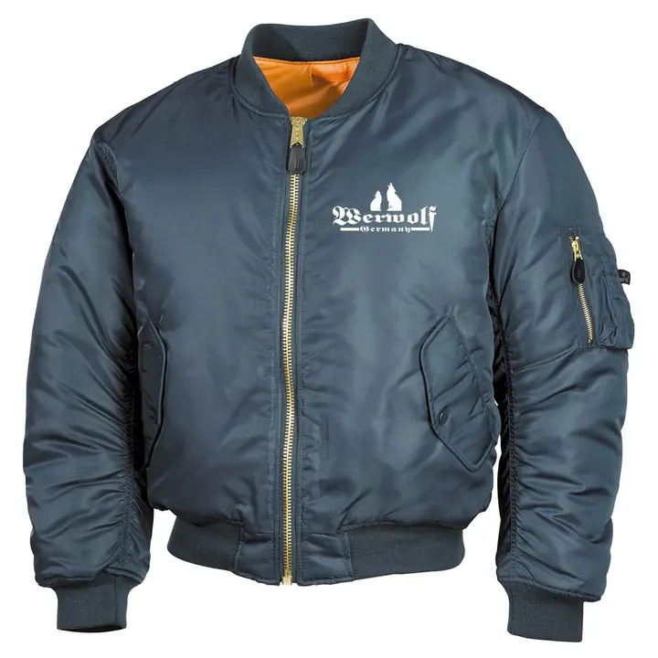 Bestickte MA1 Bomberjacke, Alphablau - Werwolf Germany mit Wolf