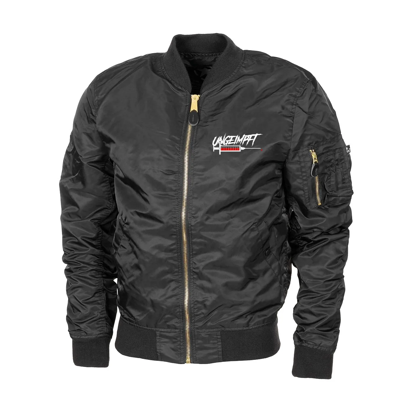 Bestickte MA1 Bomberjacke "Leichtversion" Schwarz - Ungeimpft, Spritze